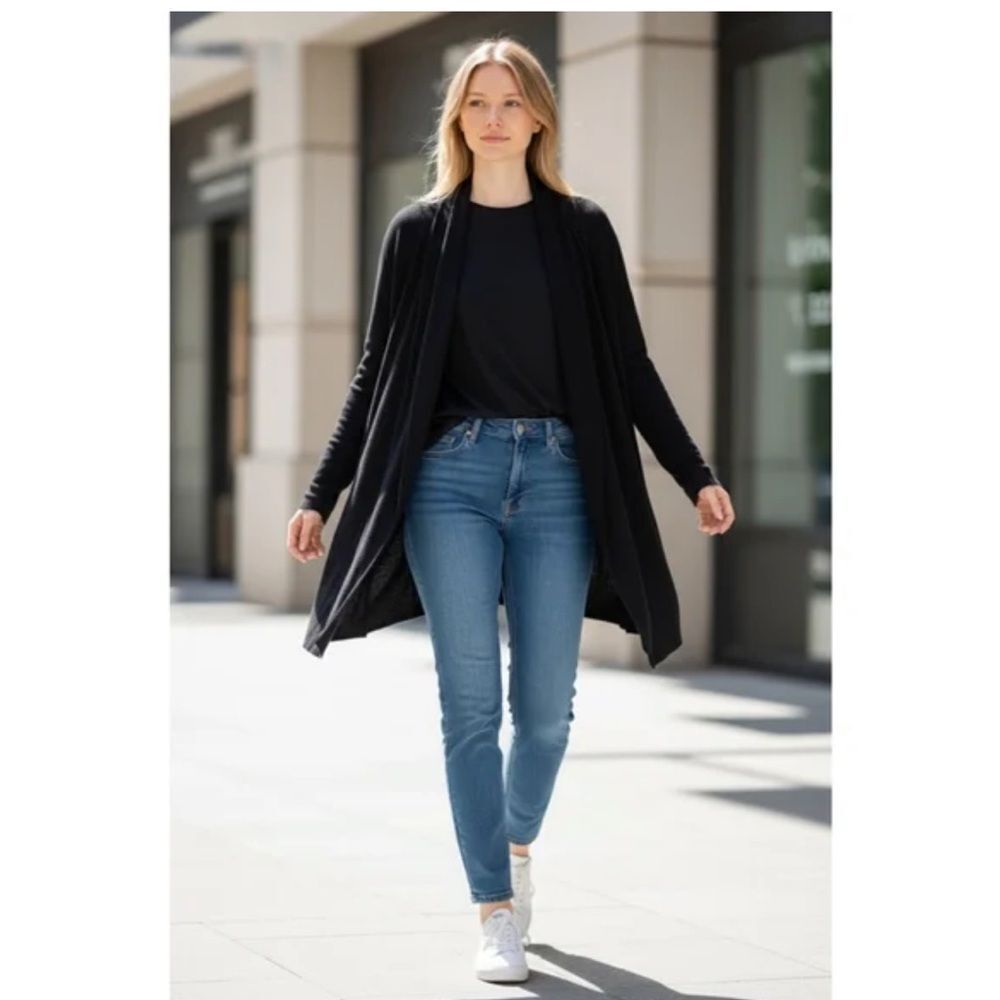 JOAN VASS New York Women's Sweater Black Open Front Long Cozy Size Large